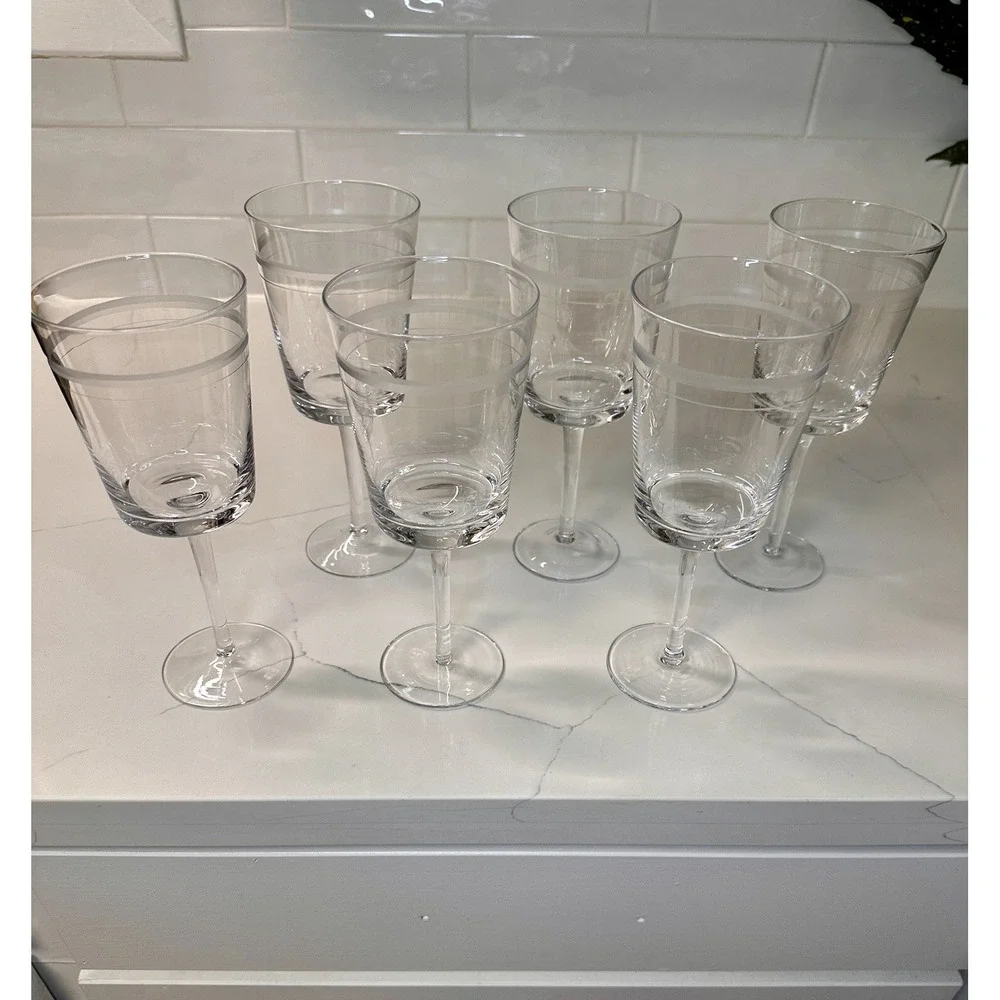 RARE CRYSTAL Pottery Barn Stemmed Wine Glasses ETCHED S/6 (Two Sets Available)